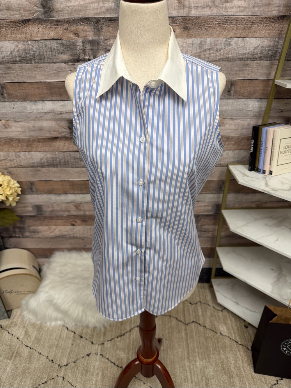 Ann Taylor Blue and White Striped Sleeveless Button-Down Shirt